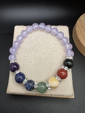 Amethyst and Multicolor Chakra Bead Stretch Bracelet (2382)